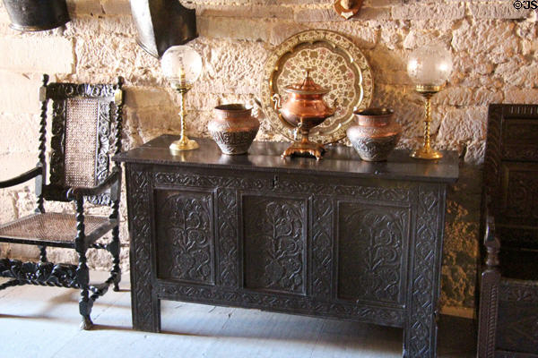Carved armchair & chest in crypt at Glamis Castle. Angus, Scotland.