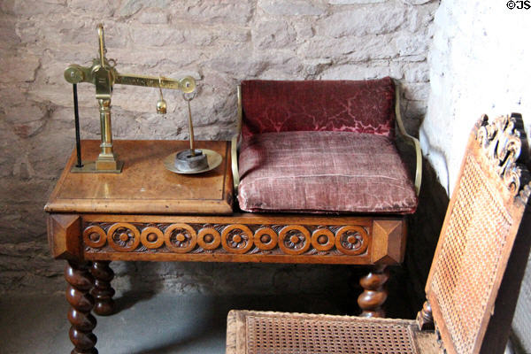 Jockey weighing scale in crypt at Glamis Castle. Angus, Scotland.