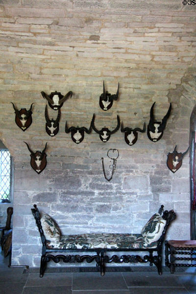 Trophy horns over day bed in crypt at Glamis Castle. Angus, Scotland.