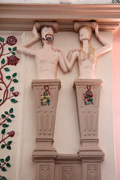 Great hall fireplace sculpted figures on columns at Glamis Castle. Angus, Scotland.