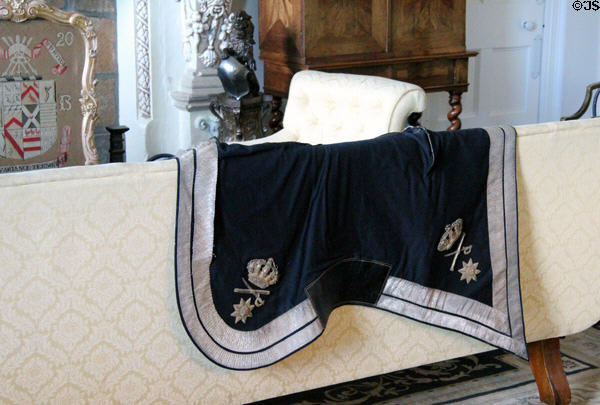 Royal saddle blanket in billiard room / library at Glamis Castle. Angus, Scotland.