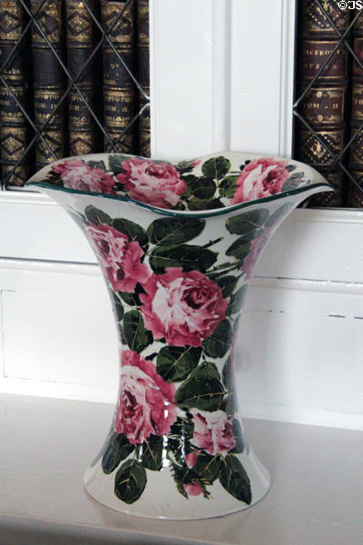 Scottish Wemyss Ware pottery vase from Fife in billiard room / library at Glamis Castle. Angus, Scotland.