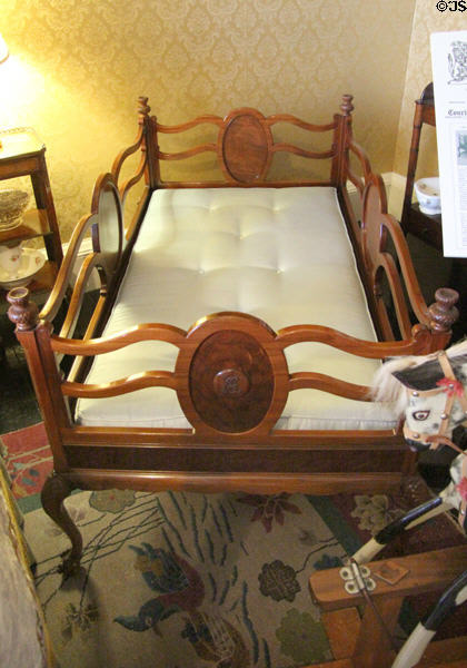 Royal cradle in Queen Mother's bedroom at Glamis Castle. Angus, Scotland.