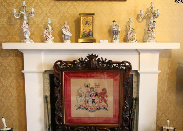 Fireplace with screen in Queen Mother's bedroom at Glamis Castle. Angus, Scotland.