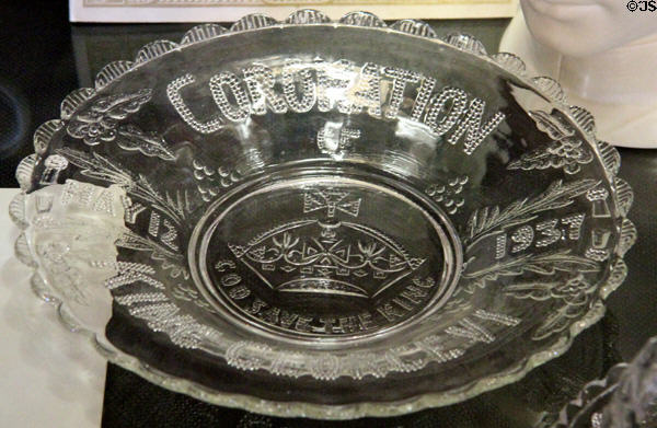 King George VI coronation souvenir pressed glass plate (1937) at Glamis Castle. Angus, Scotland.