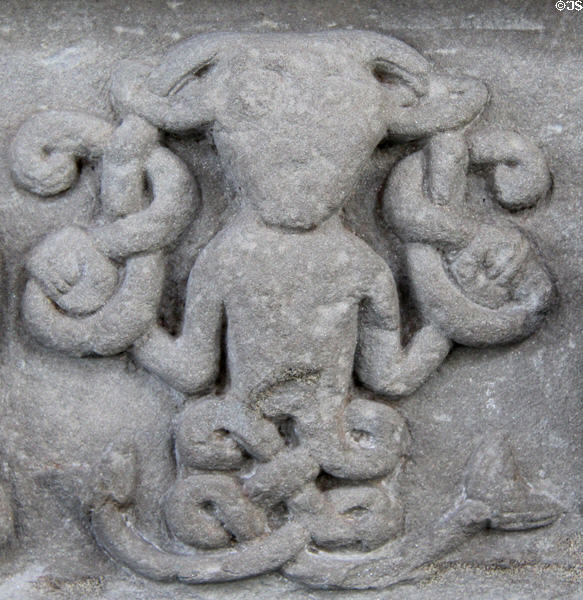 Pictish architectural frieze (#22) detail of half-woman / half-fish siren at Meigle Sculptured Stone Museum. Meigle, Scotland.