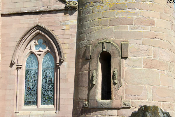 Above ground doorway of round tower at Brechin Cathedral allowed for defense. Brechin, Scotland.