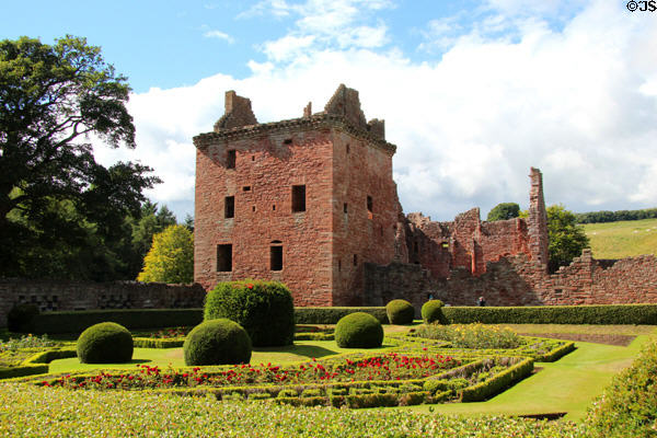 Tower house above formal garden at Edzell Castle. Brechin, Scotland.