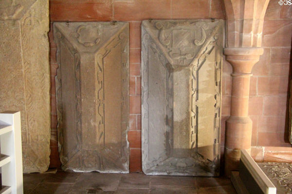 Stone coffin covers in museum at St Andrews Cathedral. St Andrews, Scotland.