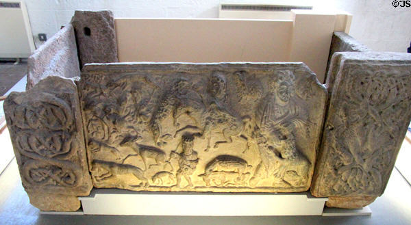 Pictish St Andrews Sarcophagus (late 8thC) in museum at St Andrews Cathedral. St Andrews, Scotland.