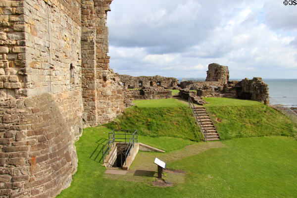 Stairs down to tunnel built by besiegers by stopped by defenders' counter tunnel at St Andrews Castle. St Andrews, Scotland.