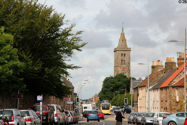 North Street streetscape with St Salvator's Chapel college tower. St Andrews, Scotland.