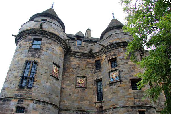 Gatehouse towers with royal arms at Falkland Palace. Falkland, Scotland.
