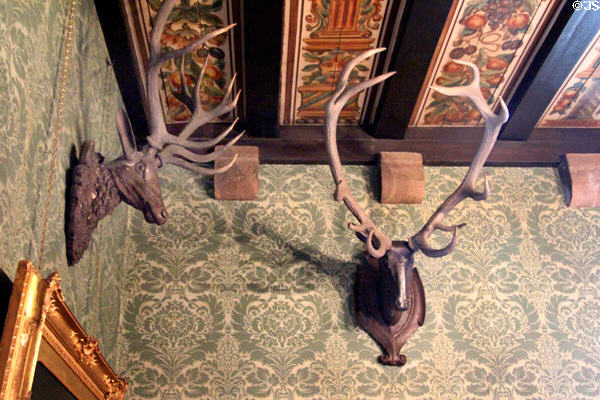 Reception room trophies under painted ceiling at Falkland Palace. Falkland, Scotland.