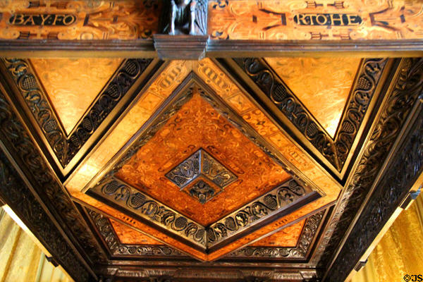 Carved canopy of bed (1618) in Keeper's bedroom at Falkland Palace. Falkland, Scotland.
