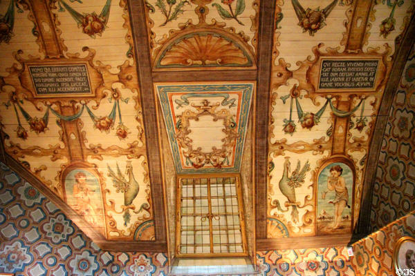 Latin inscriptions painted on ceiling in Edwardian Library (1895) at Falkland Palace. Falkland, Scotland.