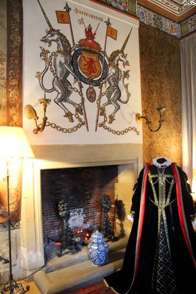 Fireplace in recreated King's bedchamber at Falkland Palace. Falkland, Scotland.