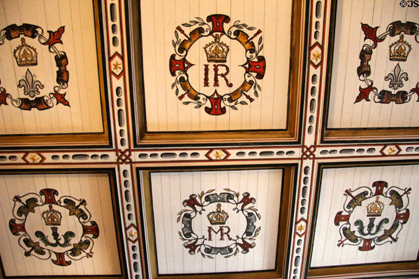 Painted ceiling with royal crests in King's bedchamber at Falkland Palace. Falkland, Scotland.