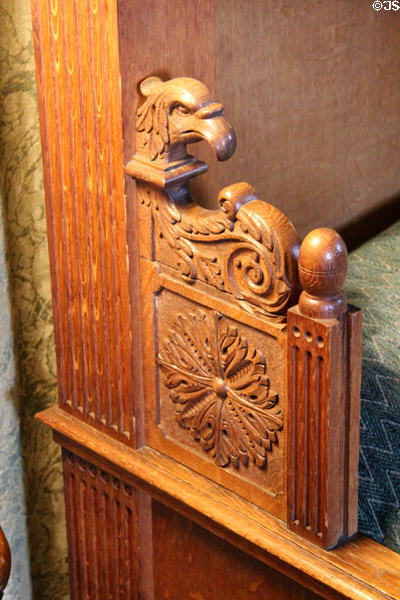 Carved eagle on royal bed copy in Queen's bedchamber at Falkland Palace. Falkland, Scotland.