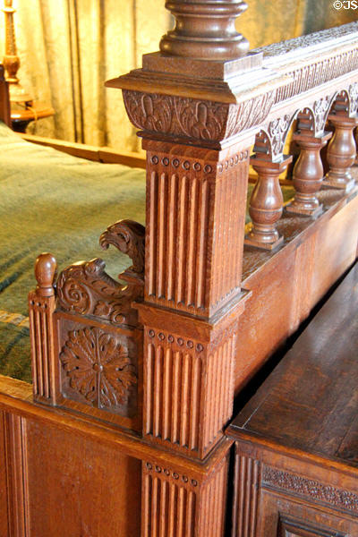 Foot board on royal bed copy in Queen's bedchamber at Falkland Palace. Falkland, Scotland.