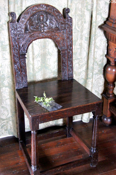 Chair carved with figure in Queen's bedchamber at Falkland Palace. Falkland, Scotland.