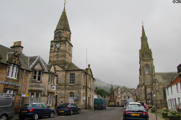 Falkland High Street with Falkland Town Hall & Parish Church. Falkland, Scotland.