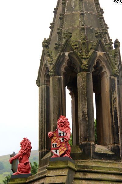 Sculpted lions on Bruce Fountain (1856) (High St.). Falkland, Scotland.