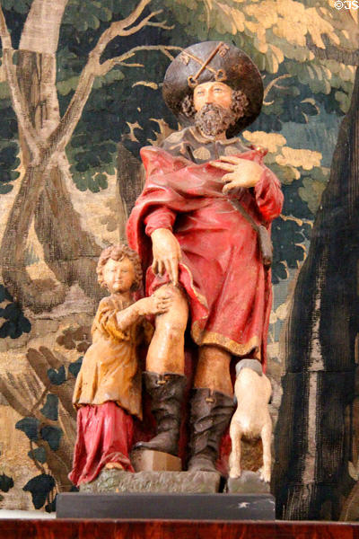 Sculpture with attributes of St Roch at Kellie Castle. Pittenweem, Scotland.