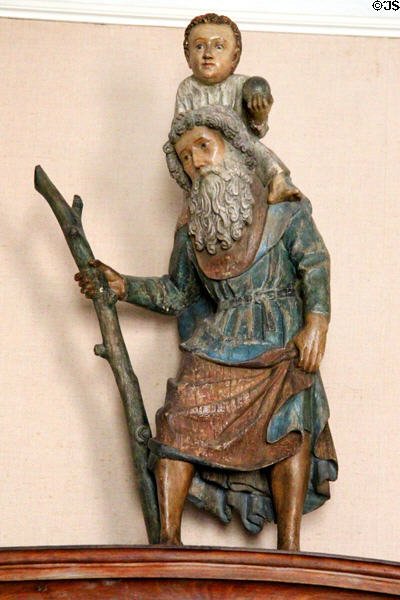 Flemish carving of St Christopher & Christ Child (17thC) at Kellie Castle. Pittenweem, Scotland.
