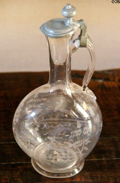 Engraved glass carafe with pewter cover at Kellie Castle. Pittenweem, Scotland.