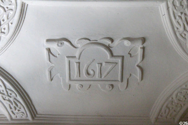 Date detail of sculpted plaster library ceiling (1617) created for visit of King James VI / I at Kellie Castle. Pittenweem, Scotland.
