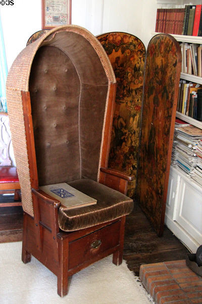 Chair with woven draft protection at Kellie Castle. Pittenweem, Scotland.