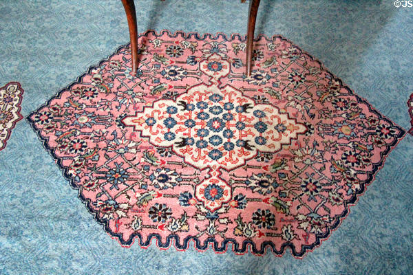 Pink & blue carpet in bedroom at Kellie Castle. Pittenweem, Scotland.