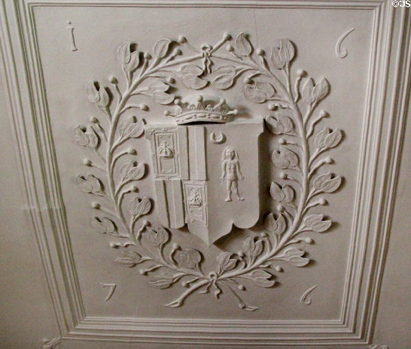 Plaster ceiling sculpture (1676) in Earl's bedroom at Kellie Castle. Pittenweem, Scotland.