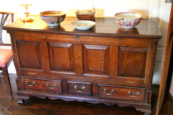 Chest with porcelain in Earl's bedroom at Kellie Castle. Pittenweem, Scotland.