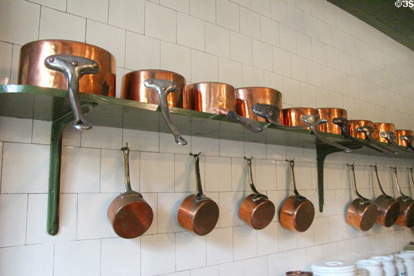 Copper pans in kitchen at Hill of Tarvit Mansion. Cupar, Scotland.