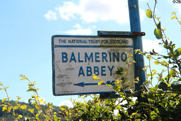 Sign to Balmerino Abbey run by National Trust for Scotland (NTS). Balmerino, Scotland.