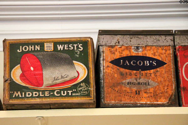 Antique food tins in Kirk's Stores at Highland Folk Museum. Newtonmore, Scotland.