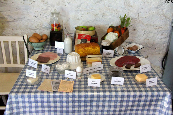 World War II British weekly ration food volume at Highland Folk Museum. Newtonmore, Scotland.