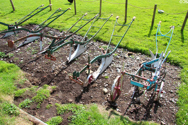 Collection of horse drawn hand plows at Highland Folk Museum. Newtonmore, Scotland.