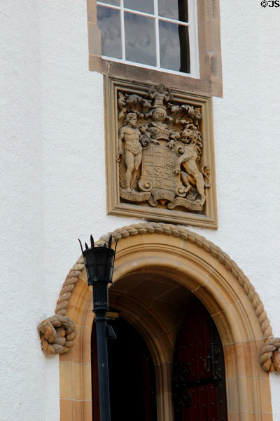 Family crest over entrance door at Blair Castle. Pitlochry, Scotland.