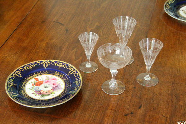 Worcester Chamberlain porcelain plate (18thC) & etched glasses in dining room at Scone Palace. Perth, Scotland.