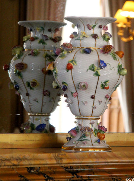 Meissen porcelain vase with sculpted flowers in state drawing room at Scone Palace. Perth, Scotland.
