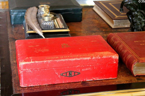 Minister of State for Scotland red dispatch box in library at Scone Palace. Perth, Scotland.