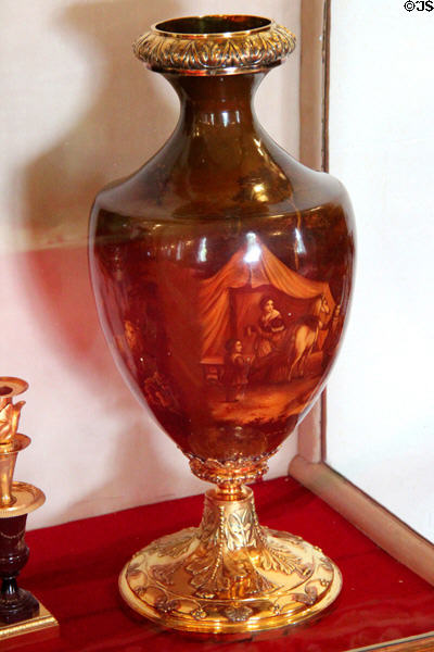 Vernis Martin pâpier maché urn in brown & red with gold fittings at Scone Palace. Perth, Scotland.