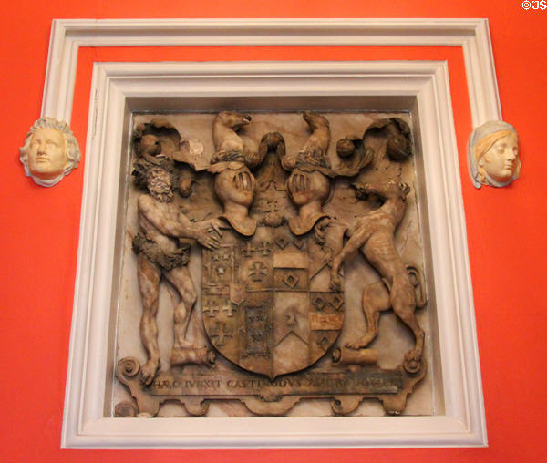 Family coat of arms of 1st Lord of Scone carved in stone in slip gallery at Scone Palace. Perth, Scotland.