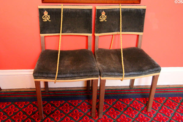 Pair of chairs from coronation of King George VI in slip gallery at Scone Palace. Perth, Scotland.