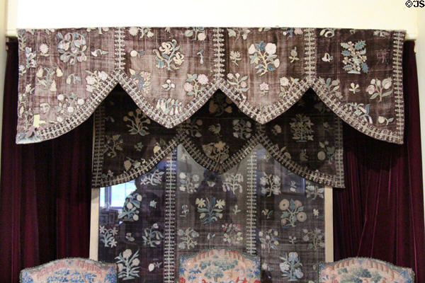 Embroidered bed hanging prob. worked by Mary Queen of Scots in the Lennox room at Scone Palace. Perth, Scotland.