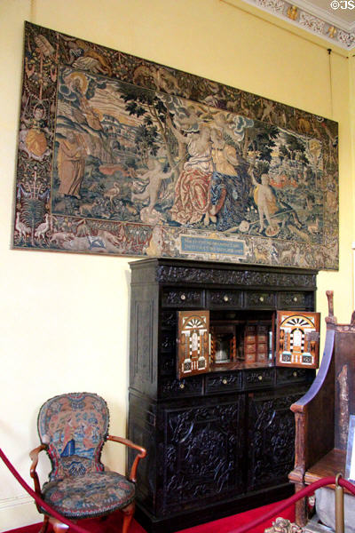Embroidered wall hanging of Justice & Mercy commissioned by Mary Queen of Scots in the Lennox room at Scone Palace. Perth, Scotland.