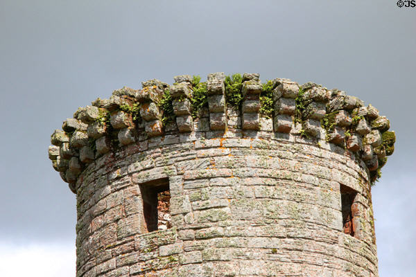 Tower crenellation details at Caerlaverock Castle. Caerlaverock, Scotland.